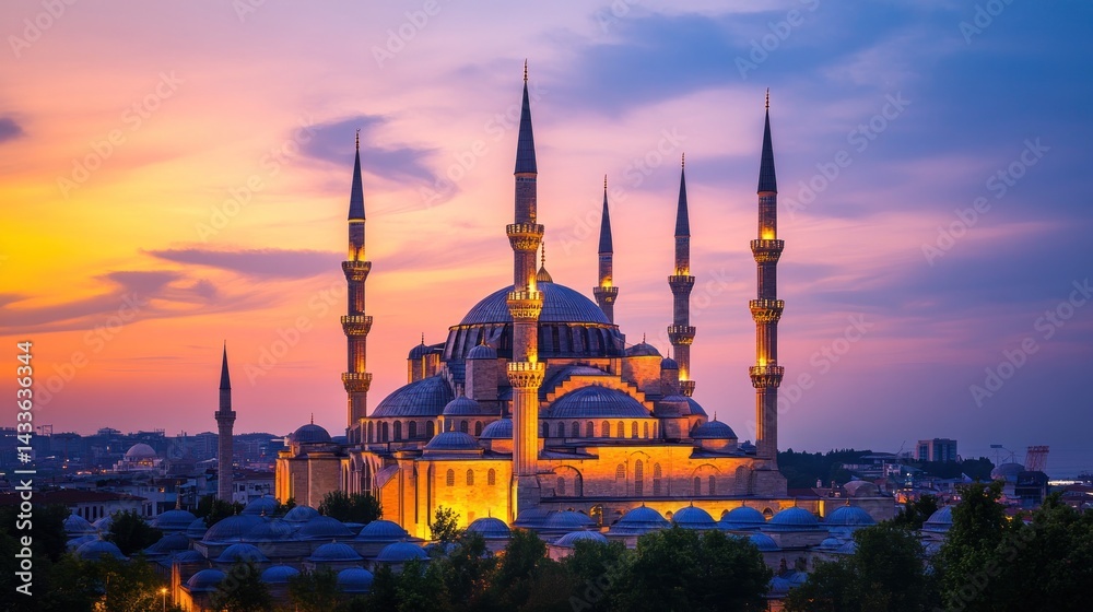 Fototapeta premium A majestic mosque with six minarets illuminated by the golden light of sunset.