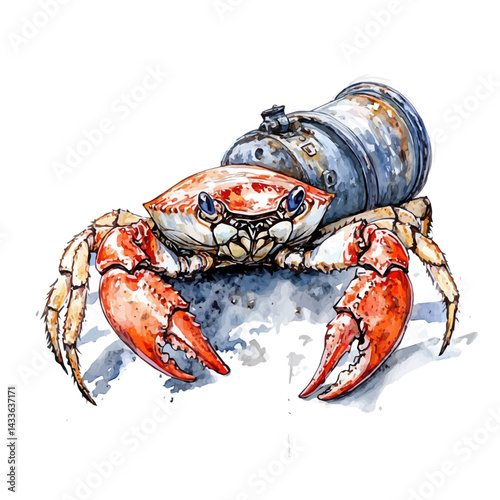 watercolor of Crab Crawling Across A Sunken Cannon, vector, isolated on a white background.