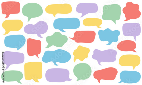 Set of colorful speech bubble shapes in flat style. Cartoon text frames for communication, dialogue, message, chat, poster, sticker, or social media design isolated on white background.