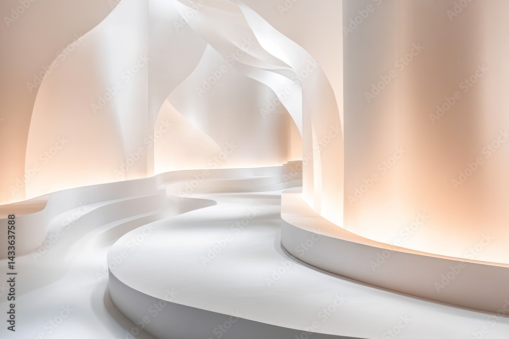Abstract, minimalist interior design. Soft, flowing curves in a light beige/cream color scheme