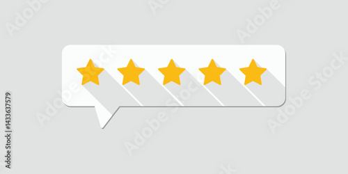 Five star rating. Five star rating displayed in a speech bubble. Review and rate us concept.