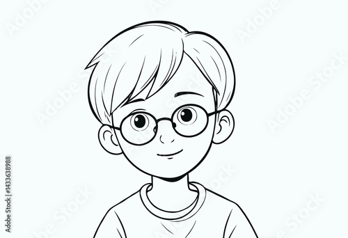 Monochrome cartoon illustration of a cheerful young boy wearing eyeglasses and a casual shirt, showcasing simplicity and a youthful vibe.