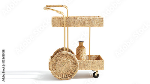 A wicker cart with a vase on top