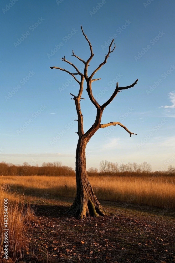 Fototapeta premium there is a bare tree in a field with a blue sky