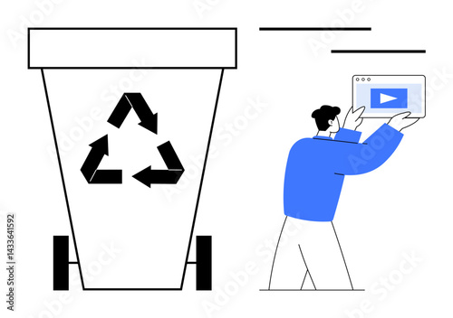 Man holding a video screen near bin with recycling sign promoting digital decluttering, sustainability, eco-awareness, environmental responsibility, mindful consumption, waste reduction, simple