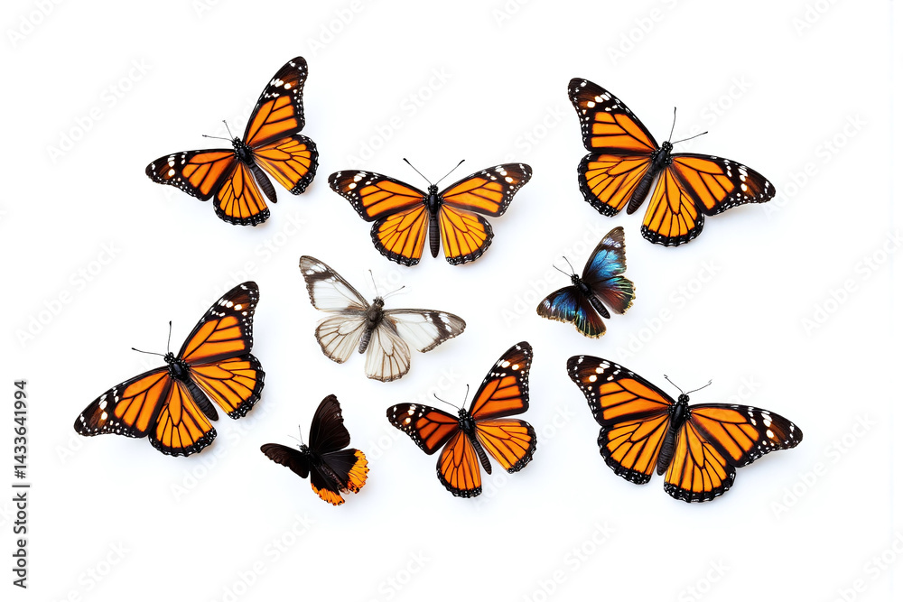group of monarch butterflies on a white background