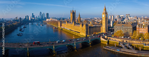 Obraz na płótnie Aerial view of Big Ben and Houses of Parliament in sunny morning in London