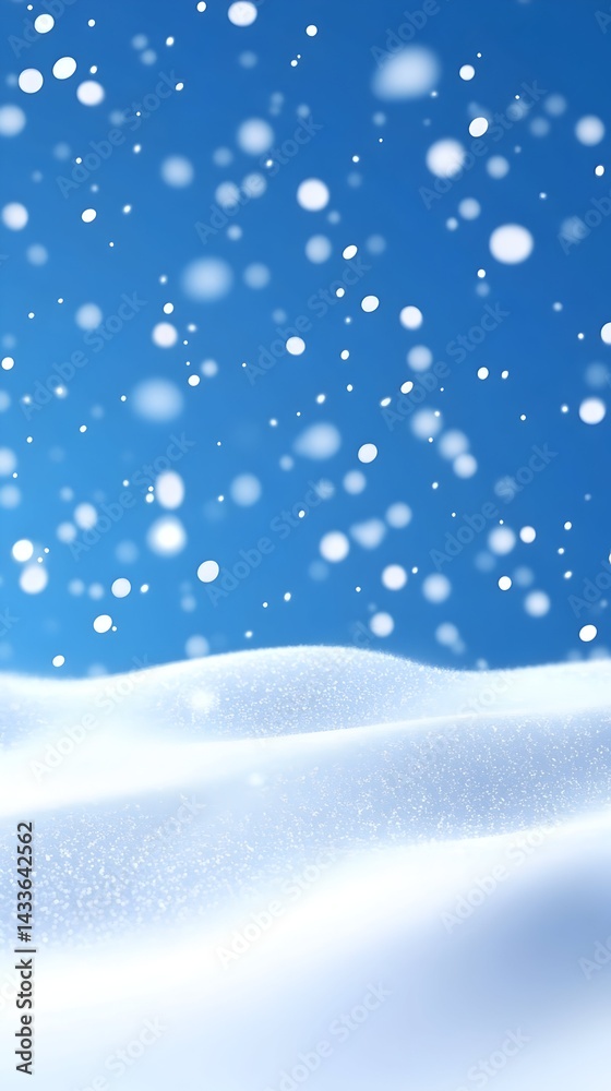 Serene winter scene gently falling snow on snow-covered hills under a clear blue sky Serene winter scene gently falling snow on snow-covered hills under a clear blue sky