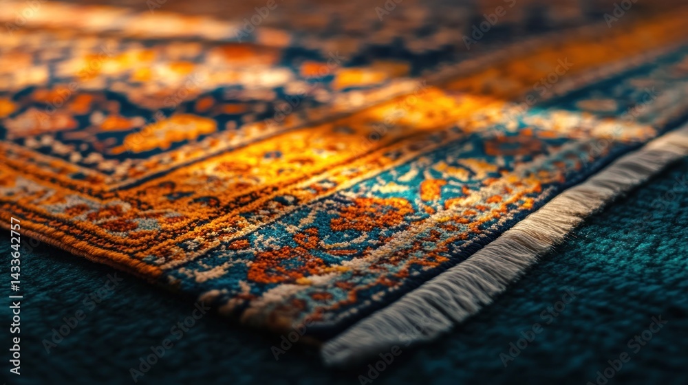 Close-up of a colorful rug with intricate patterns and fringed edges, bathed in warm sunlight. Close-up of a colorful rug with intricate patterns and fringed edges, bathed in warm sunlight.
