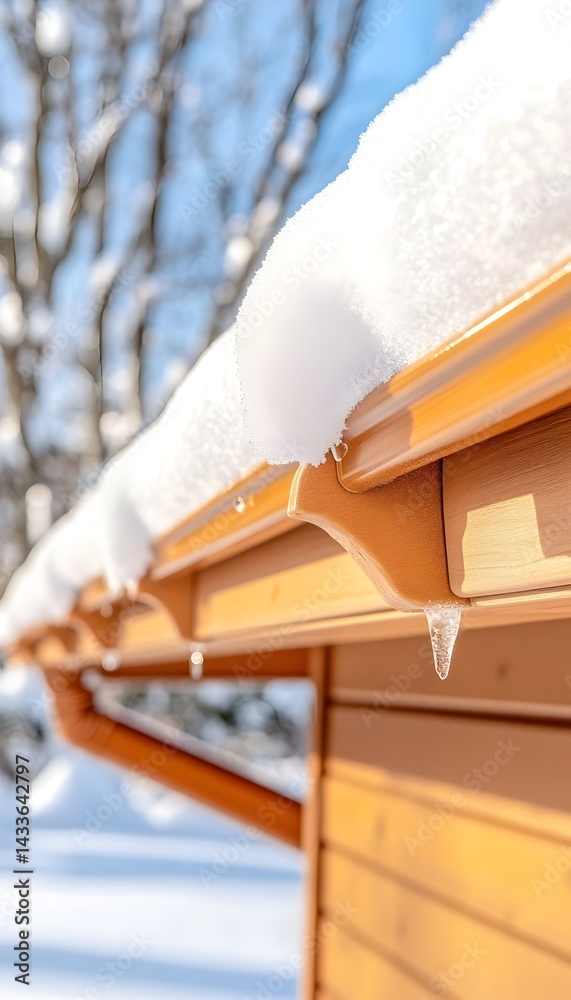 Snow-covered roof gutter with icicles forming on a sunny winter day