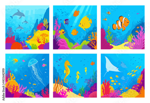 Ocean creatures: a graceful stingray soaring above the bottom, a transparent jellyfish with delicate tentacles, a friendly dolphin, a bright clownfish among anemones, a miniature seahorse clinging to 