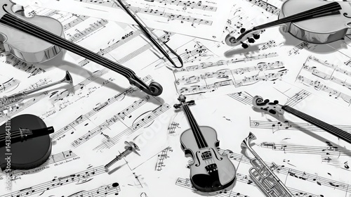 3D Musical Instruments on Sheet Music, Harmony Concept. Perfect for music schools, concerts, and classical music promotions. in flat design style