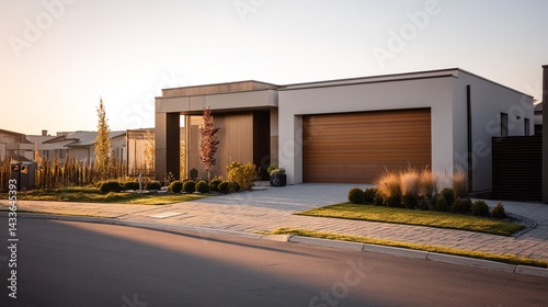 Modern Suburban House Exterior, Clean Architectural Lines, Soft Daylight Illumination, Residential Neighborhood Background