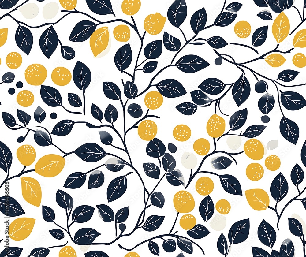 Autumn seamless pattern with leaves and berries in shades of mustard yellow, white, and black on an orange background Autumn seamless pattern with leaves and berries in shades of mustard yellow, white, and black on an orange background