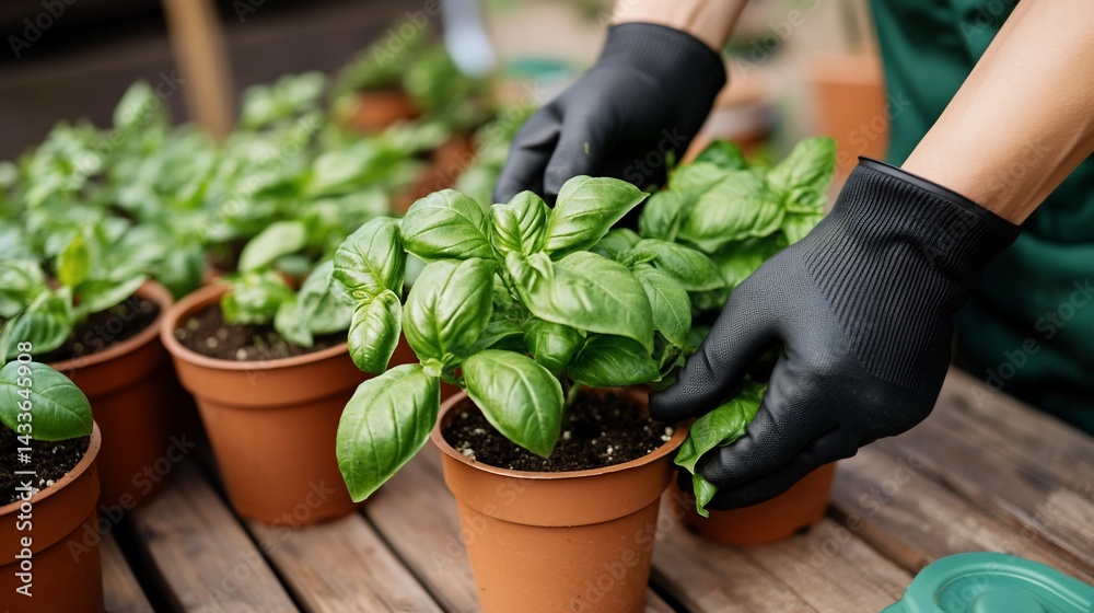 © muhammad - Carefully tending fresh basil plants in pots