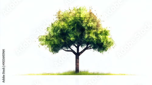 Low poly green tree, geometric nature digital art, abstract summer spring background illustration