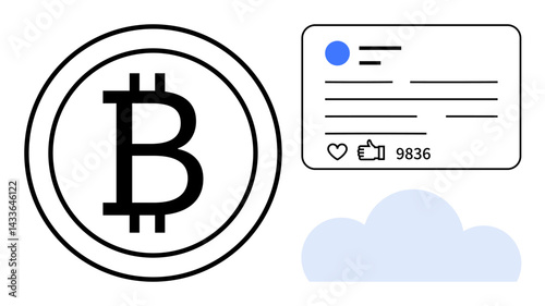 Bitcoin icon next to social media post showing thumbs ups and engagement, with a cloud for digital connection. Ideal for cryptocurrency, blockchain, fintech, social media, cloud computing, online