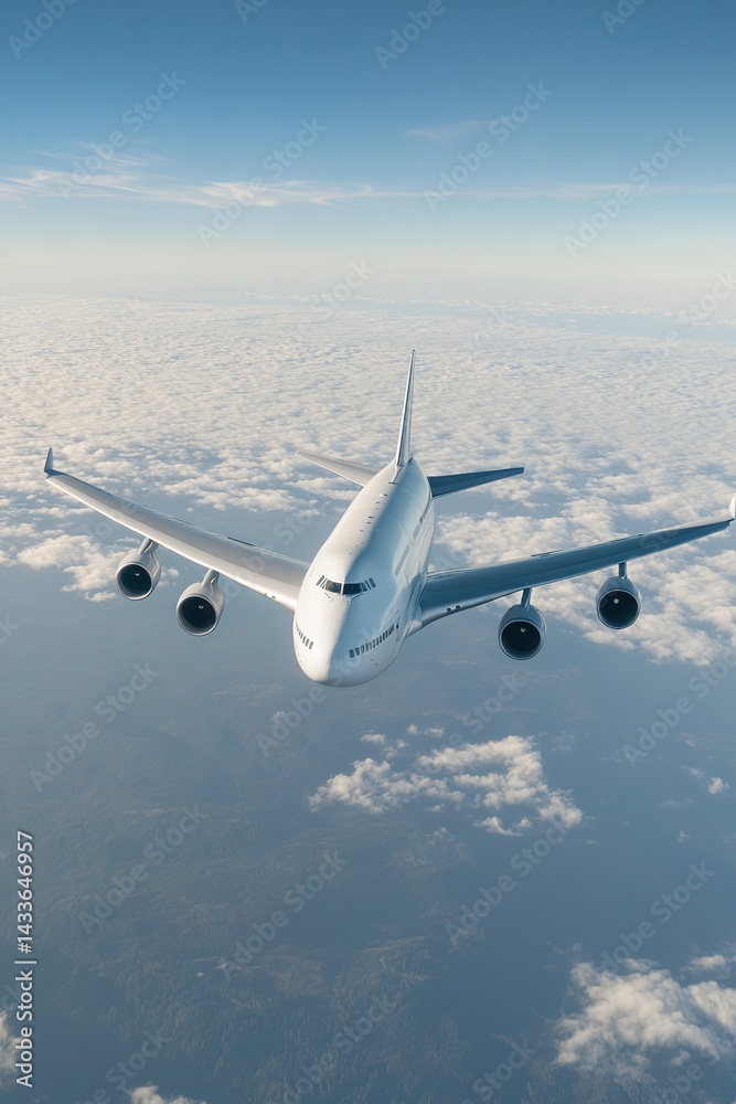 Fototapeta premium Passenger airplane flying above clouds in clear blue sky