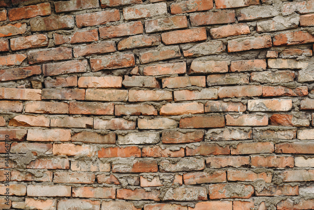 old brick wall, red and white colour, broken bricks, peeling plaster, vintage texture, background for banner, copy space