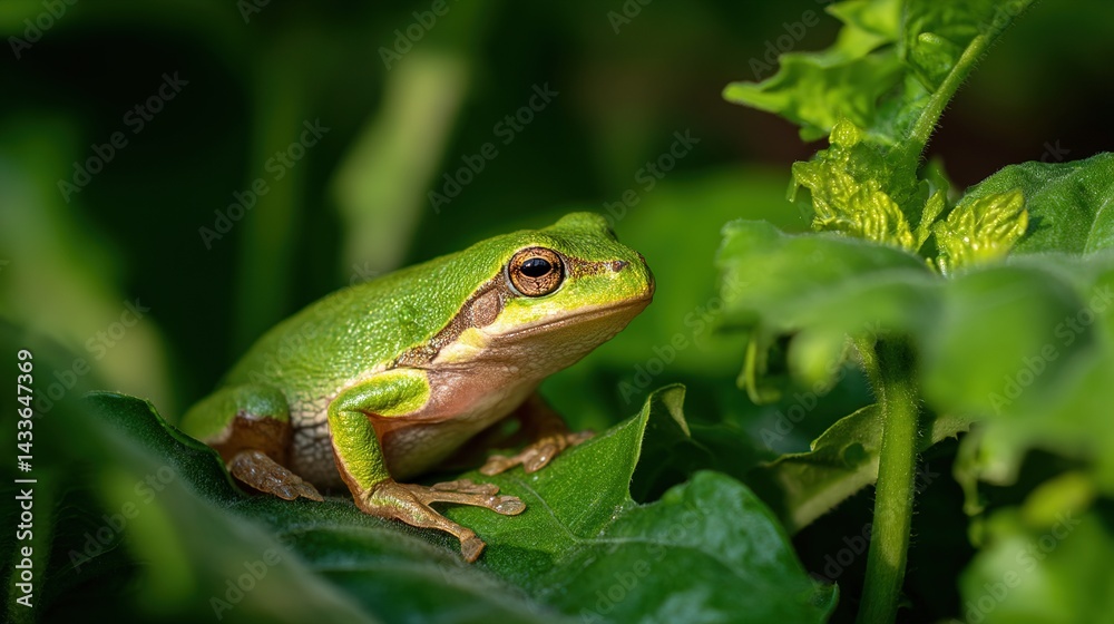Tree Frog Perched on a Lush Green Leaf, Natural Sunlight Filtering Through Foliage, Shallow Depth of Field Tree Frog Perched on a Lush Green Leaf, Natural Sunlight Filtering Through Foliage, Shallow Depth of Field