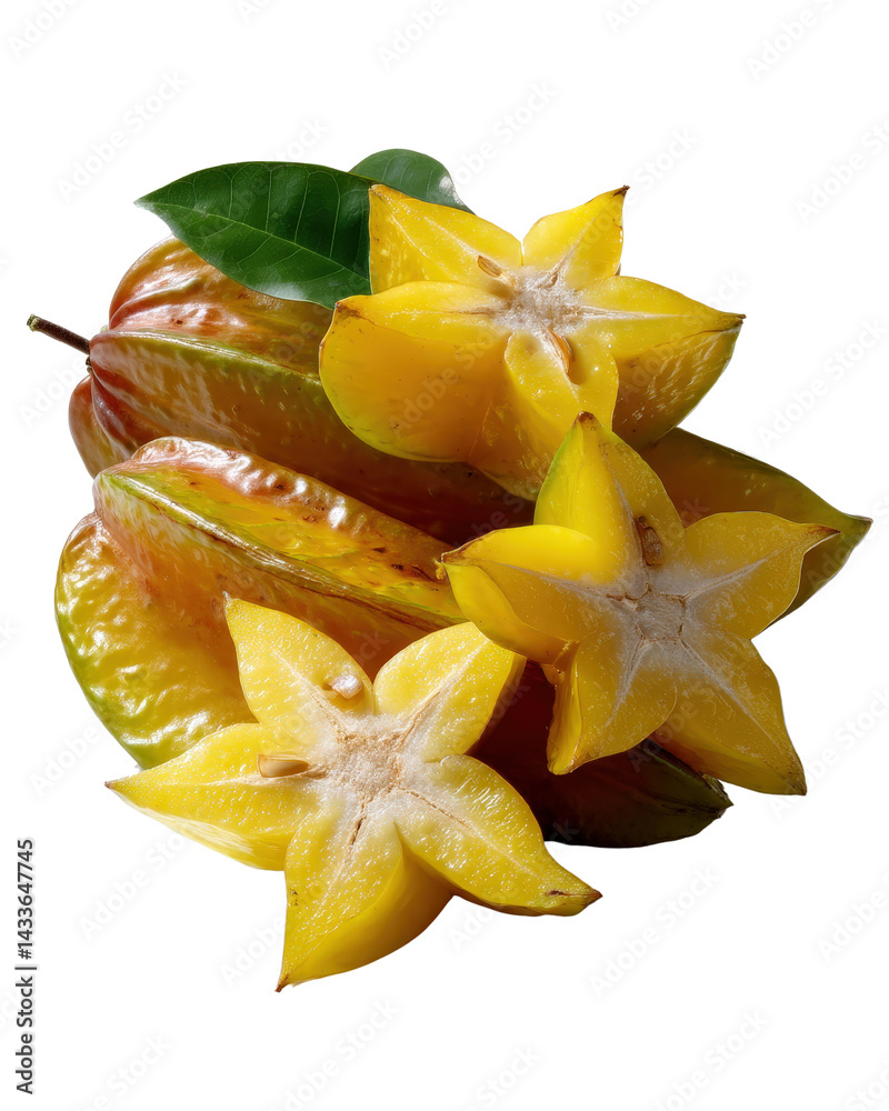 Fototapeta premium Fresh Starfruit Slices and Whole Fruits on Bright Background