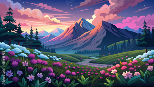 Evening scene with a mountain meadow filled with blossoming rhododendron flowers and mountain ranges with cloudy sky. Spring mountains