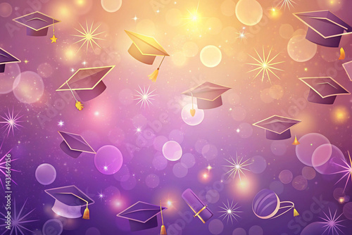 Lavender to peach with bouncing graduation hats and spark icons