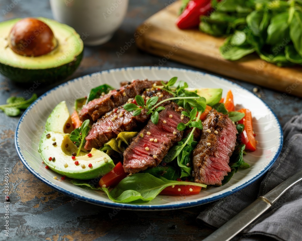 Fresh steak salad with avocado and colorful vegetables showcases healthy eating in a cozy kitchen setting Fresh steak salad with avocado and colorful vegetables showcases healthy eating in a cozy kitchen setting
