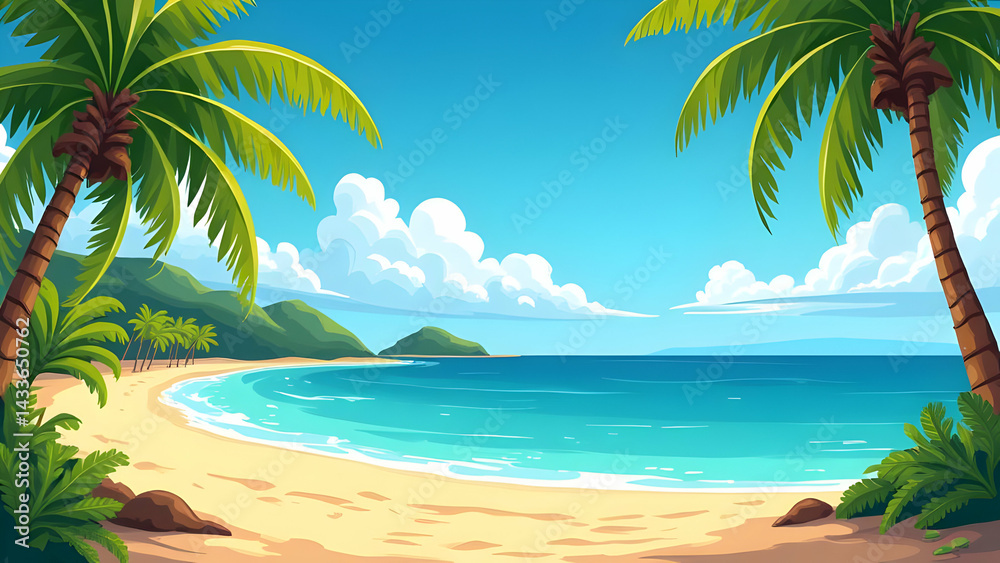 Obraz premium Serene Tropical Beach Paradise with Palm Trees and Blue Sea