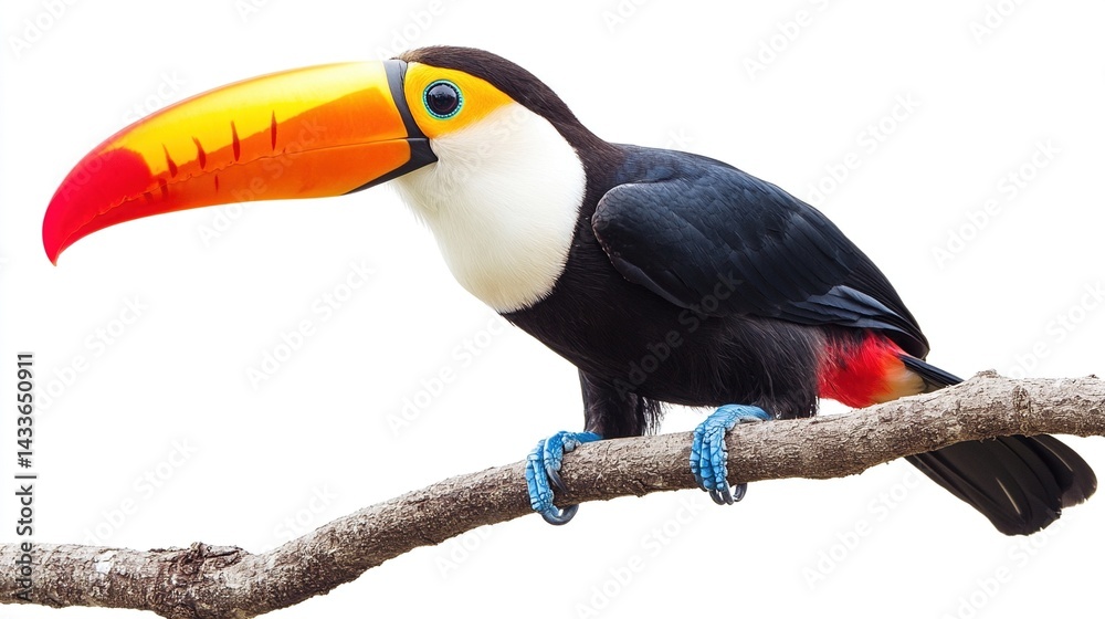 Fototapeta premium Colorful toucan perched on a branch against a white background.