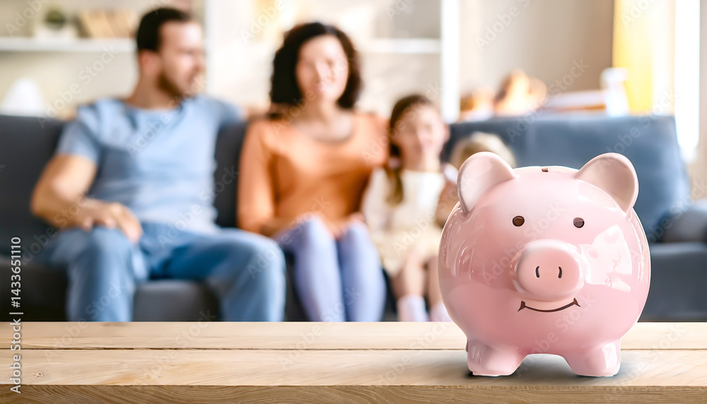 Sparschwein im Vordergrund dahinter eine Familie