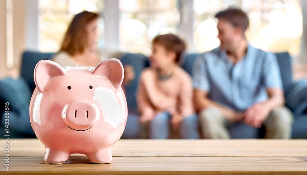 Sparschwein im Vordergrund dahinter eine Familie