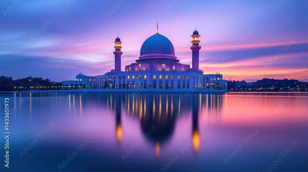 Obraz premium A majestic mosque with a blue dome and minarets reflected in a calm lake at sunset.