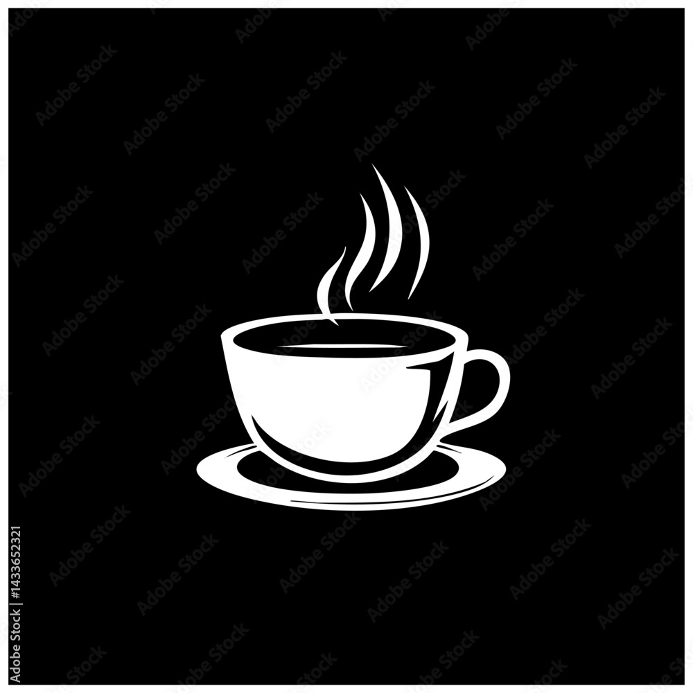 Obraz premium Stylish vector design of a steaming coffee cup on a saucer against a black background