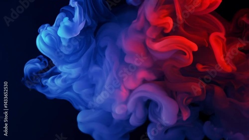 Abstract fluid smoke in vibrant red and blue colors against black background. The colorful vapor slowly expands and swirls, creating hypnotic organic patterns as colors blend.