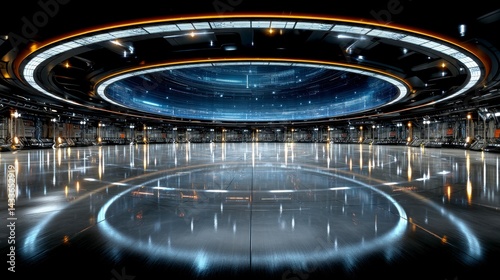 Futuristic circular space with a ceiling depicting a galaxy, illuminated by glowing lights and reflective floors.