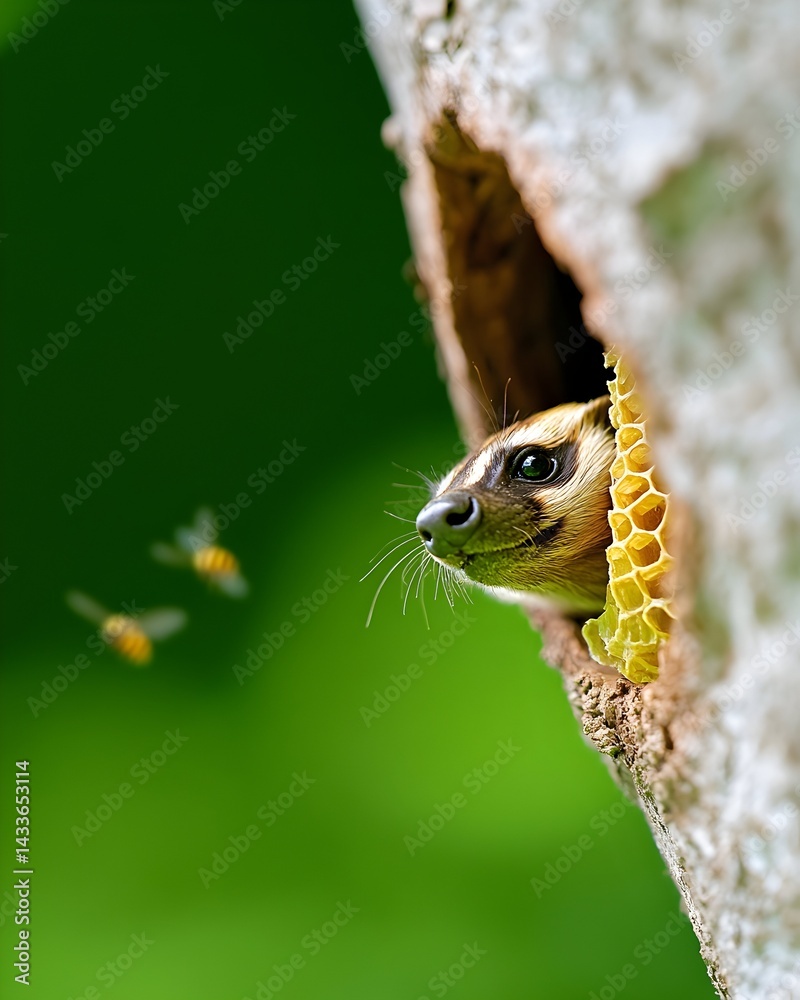 Fototapeta premium A small mammal peeks from a tree hollow near a honeycomb, with bees in flight nearby