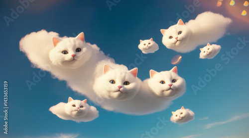 Fluffy white cats shaped like soft, dreamy clouds