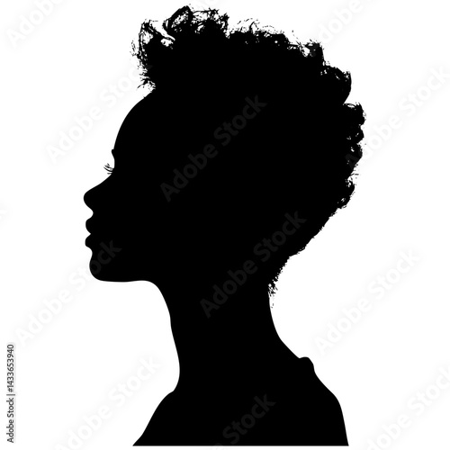 Silhouette of a woman with curly hair in profile view against a plain background