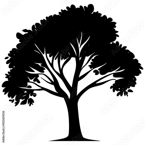 Vector silhouette of a tree with ample foliage and sturdy trunk in artistic design