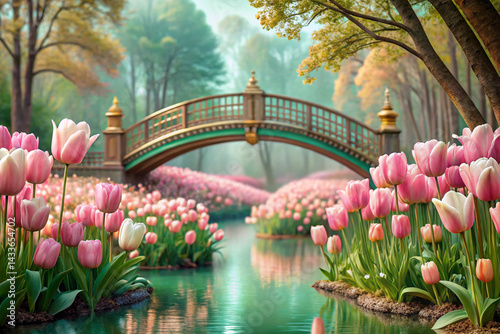 Mint green to rose gold with giant tulips and miniature fairy bridges