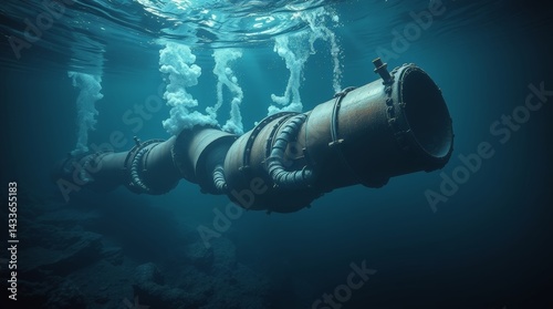Broken subsea gas pipeline with visible explosion damage on the ocean floor