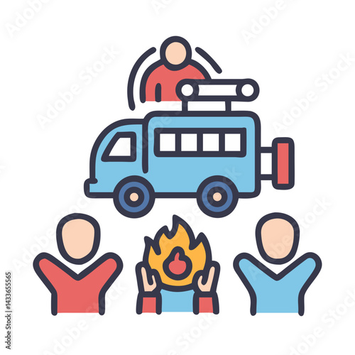 Firefighter rescue operation with truck, flames, and public assistance
