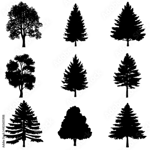 Vector shapes of different types of trees arranged in a grid pattern for design use