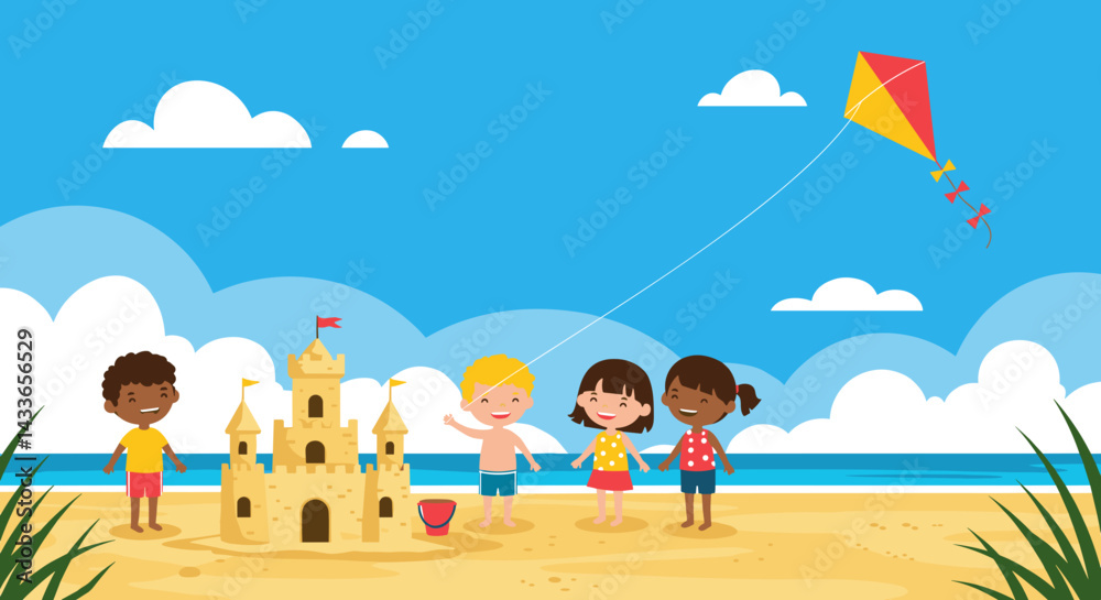 Happy children playing on the beach with a sandcastle and kite under a bright blue sky, vector illustration, copy space Happy children playing on the beach with a sandcastle and kite under a bright blue sky, vector illustration, copy space