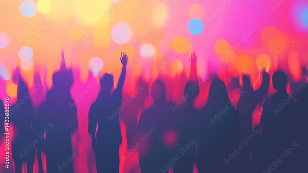 Silhouettes of people dancing in a crowd with blurred colourful lights in the background. Silhouettes of people dancing in a crowd with blurred colourful lights in the background.