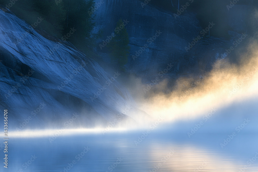 Misty lake reflects serene morning light with gentle fog enveloping the rocky shoreline Misty lake reflects serene morning light with gentle fog enveloping the rocky shoreline