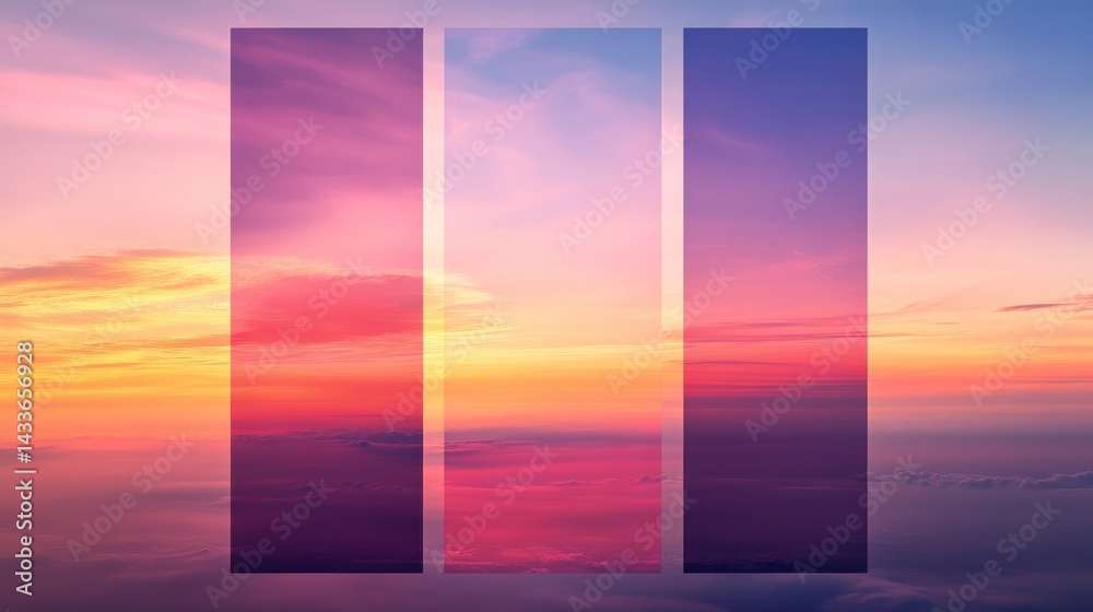 Fototapeta premium Abstract sunset sky divided into three vertical sections.
