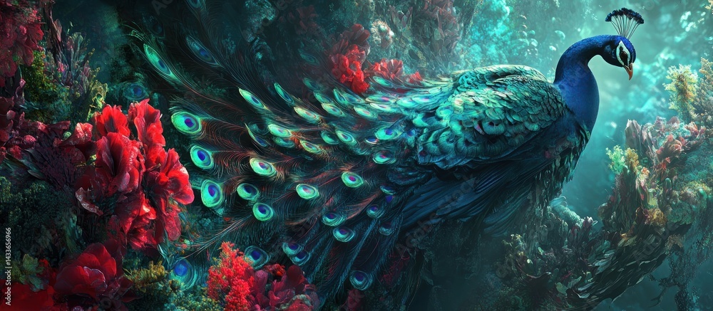 Obraz premium A peacock with vibrant blue feathers sits in a mystical forest, surrounded by red blossoms.