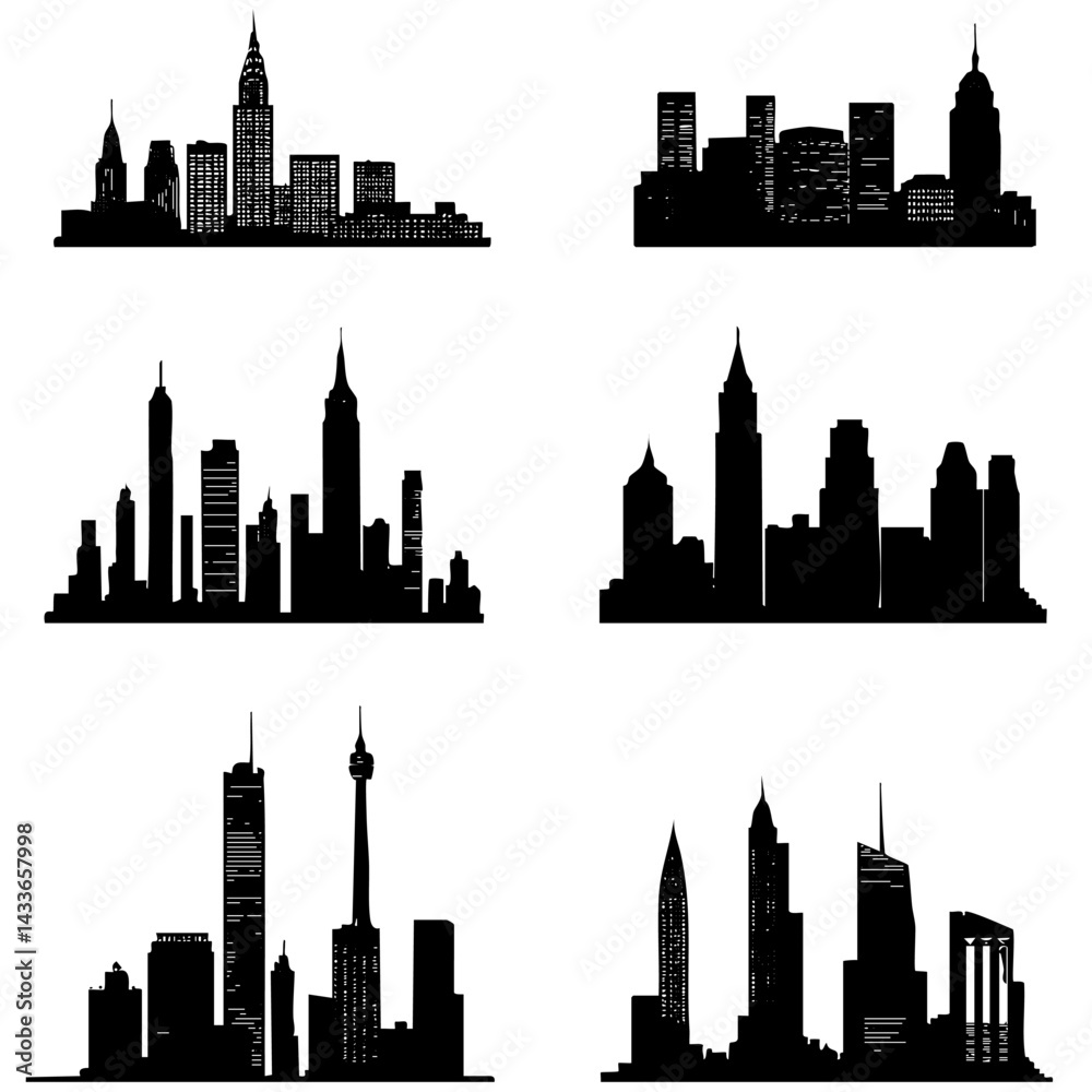 Diverse city skyline silhouettes showcasing urban architecture and iconic landmarks at dusk Diverse city skyline silhouettes showcasing urban architecture and iconic landmarks at dusk